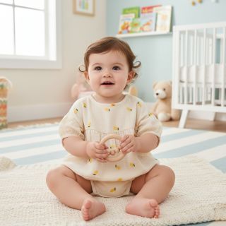 Dupla géz/muszlin EMBROIDERY Fruit natural yellow