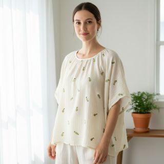 Dupla géz/muszlin EMBROIDERY Fruit green SIMPLY NATURAL