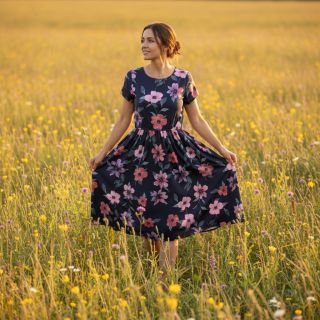 Pamutvászon VISCOSE Flowers navy digital print