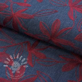 Pamutvászon JEANS Embroidery Flowers burgundy