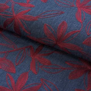 Pamutvászon JEANS Embroidery Flowers burgundy