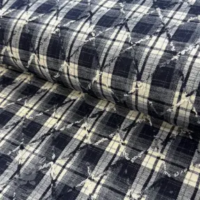Pamutvászon YARN DYED BRUSHED Check EMBROIDERY navy
