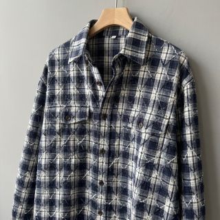 Pamutvászon YARN DYED BRUSHED Check EMBROIDERY navy