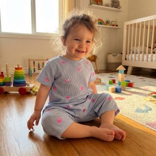 Pamutvászon Stripes Sequins Hearts blue