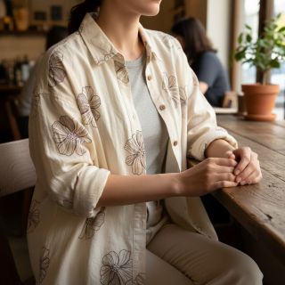 Viszkóz lenvászonnal EMBROIDERY Flower Maya natural