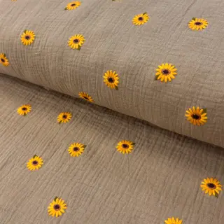 Dupla géz/muszlin EMBROIDERY Sunflowers beige