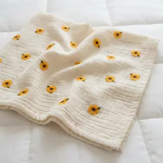 Dupla géz/muszlin EMBROIDERY Sunflowers natural