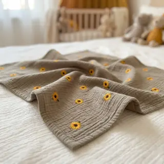 Dupla géz/muszlin EMBROIDERY Sunflowers beige