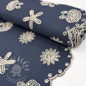 Pamutvászon EMBROIDERY Sea ornaments navy