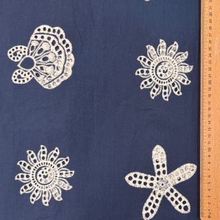 Pamutvászon EMBROIDERY Sea ornaments navy