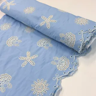 Pamutvászon EMBROIDERY Sea ornaments light blue