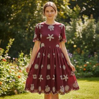 Pamutvászon EMBROIDERY Sea ornaments bordeaux