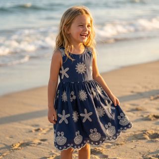 Pamutvászon EMBROIDERY Sea ornaments navy