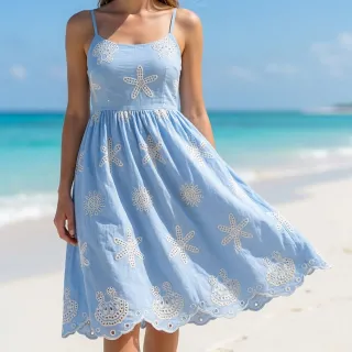 Pamutvászon EMBROIDERY Sea ornaments light blue