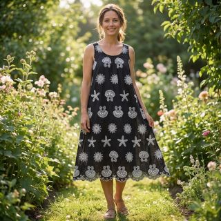 Pamutvászon EMBROIDERY Sea ornaments black