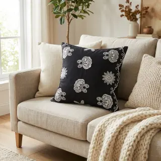 Pamutvászon EMBROIDERY Sea ornaments black