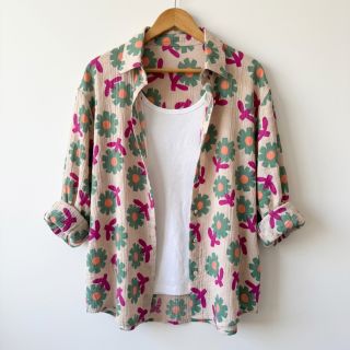 Dupla géz/muszlin Flowers green by JENNIFER BOURON ORGANIC