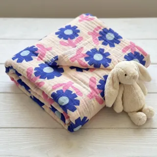 Dupla géz/muszlin Flowers blue by JENNIFER BOURON ORGANIC