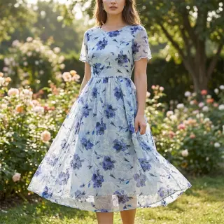 Pamut szövet keverékkel EMBROIDERY Rose blue