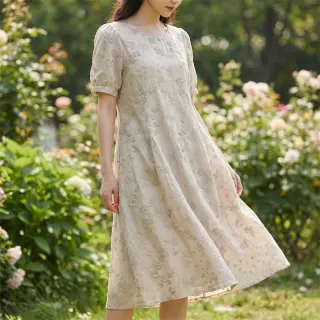 Pamutvászon EMBROIDERY Catchy leaves beige
