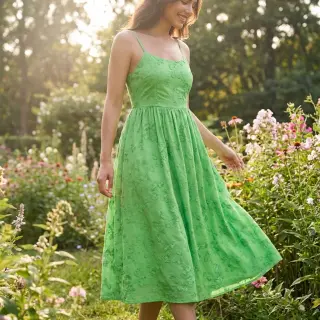 Pamutvászon EMBROIDERY Catchy leaves green