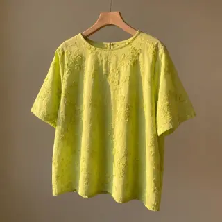 Pamutvászon EMBROIDERY Catchy leaves lime