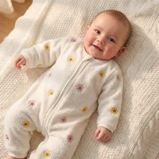 Kabát anyag TEDDY EMBROIDERY Smiley flowers yellow