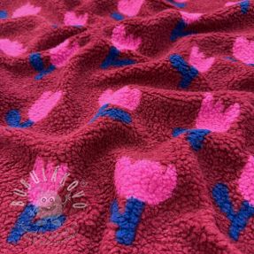 Kabát anyag TEDDY JACQUARD Tulips dark red