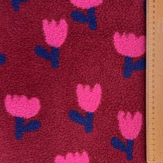 Kabát anyag TEDDY JACQUARD Tulips dark red