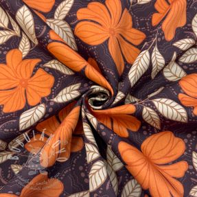 Pamutvászon SATIN Autumn flowers dark brown