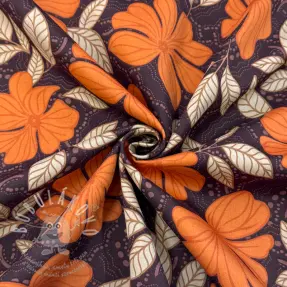 Pamutvászon SATIN Autumn flowers dark brown