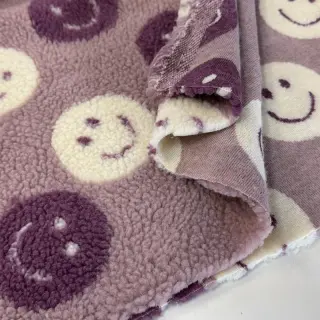 Kabát anyag TEDDY JACQUARD Happy faces mauve