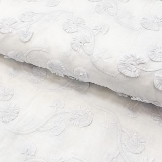 Pamutvászon VOILE EMBROIDERY Flowers with stem white