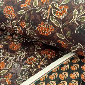 Elasztikus bársony anyag VELVET QUILT Flowers leaves dark brown