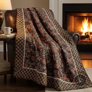 Elasztikus bársony anyag VELVET QUILT Flowers leaves dark brown