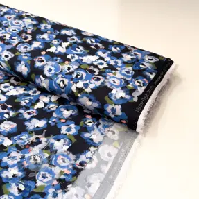 Viszkóz POPLIN STRETCH Painted flowers navy digital print