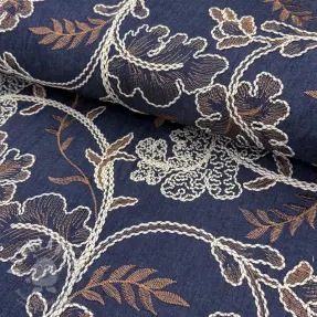 Pamutvászon JEANS Embroidery leaves dark blue
