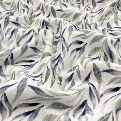 Dupla géz/muszlin Leaves white digital print