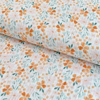 Dupla géz/muszlin Orange flowers white digital print