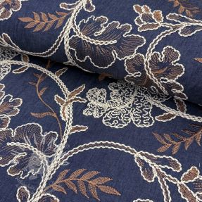 Pamutvászon JEANS Embroidery leaves dark blue