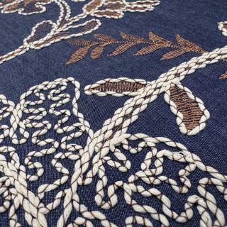 Pamutvászon JEANS Embroidery leaves dark blue