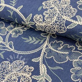 Pamutvászon JEANS Embroidery leaves light blue
