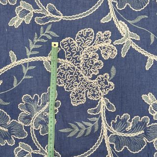 Pamutvászon JEANS Embroidery leaves light blue