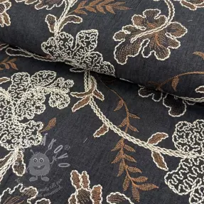 Pamutvászon JEANS Embroidery leaves black