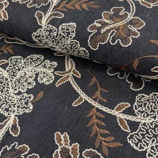 Pamutvászon JEANS Embroidery leaves black
