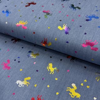 Pamutvászon JEANS FOIL Unicorn light blue