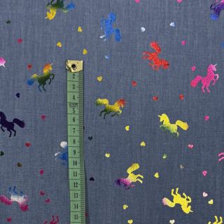 Pamutvászon JEANS FOIL Unicorn light blue