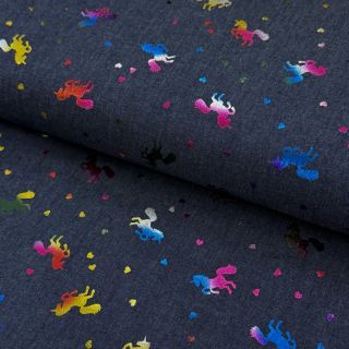Pamutvászon JEANS FOIL Unicorn dark blue