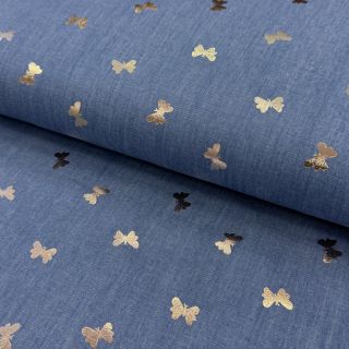 Pamutvászon JEANS FOIL Butterfly light blue