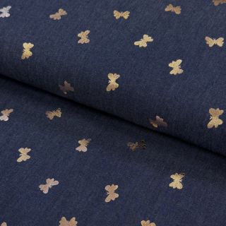 Pamutvászon JEANS FOIL Butterfly dark blue
